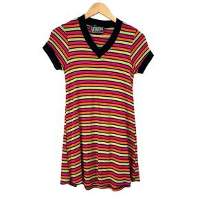 Vintage 90s Lip Service Neon‎ Striped Mini Dress V-Neck Club Kid Candy Raver S
